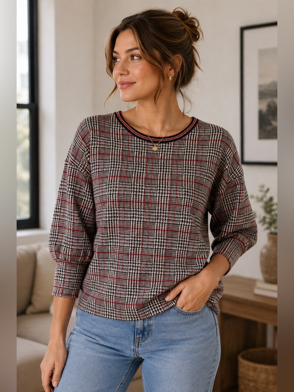 Koton Women's Plaid Crew Neck Sweater - Black, Red, and White 3/4 Sleeves Size S